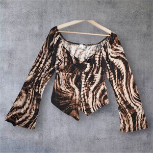 Bluebell Brown Swirl Print Mesh Top – Size 1X – Y2K Inspired Bell Sleeve Knot